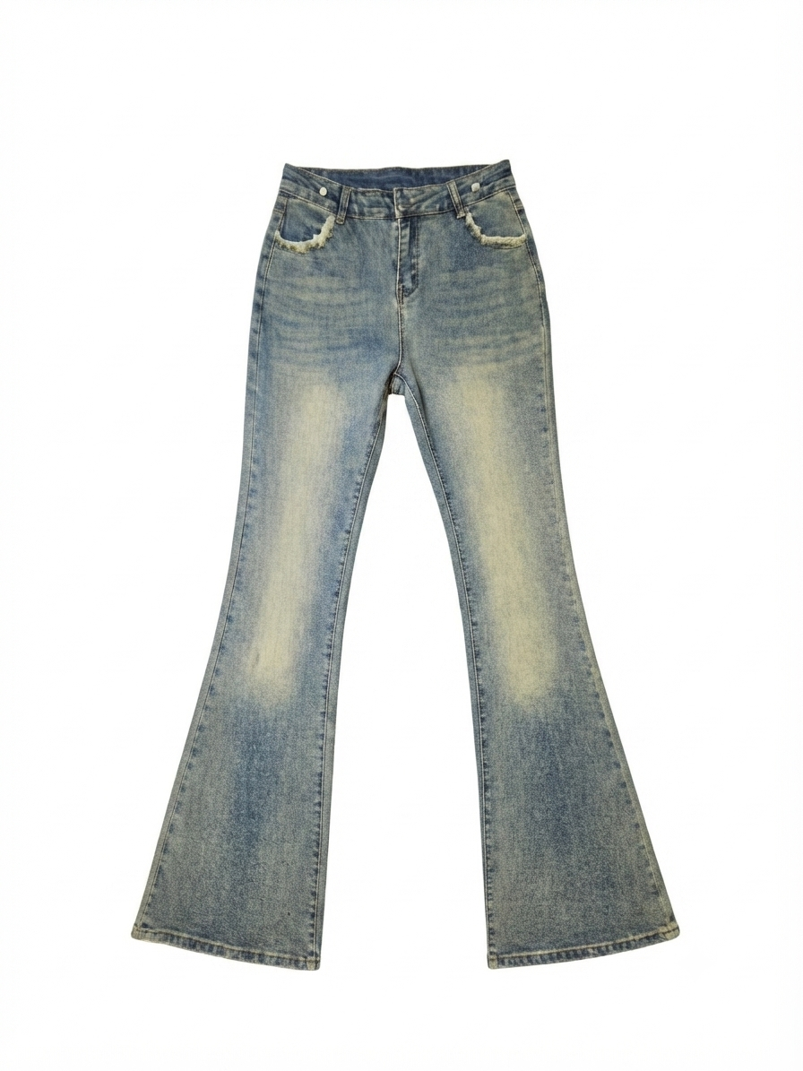 Flared Denim Jeans with Plaid Accent