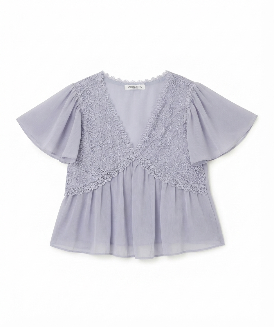 Lace Panel Flutter Sleeve Blouse