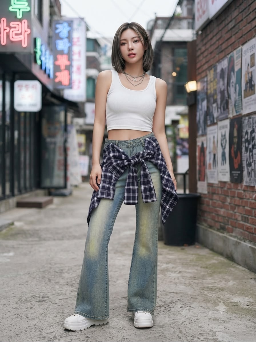 Flared Denim Jeans with Plaid Accent