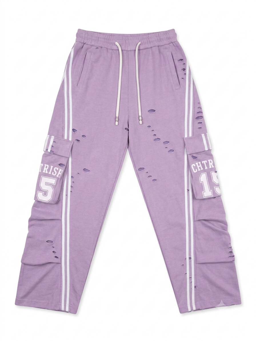 Purple Distressed Cargo Joggers