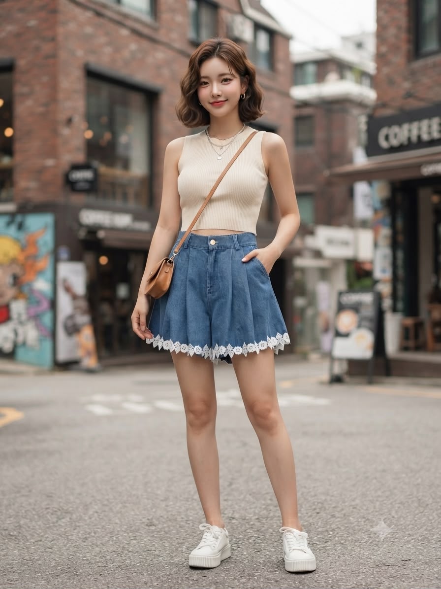 Denim Lace-Trim Shorts