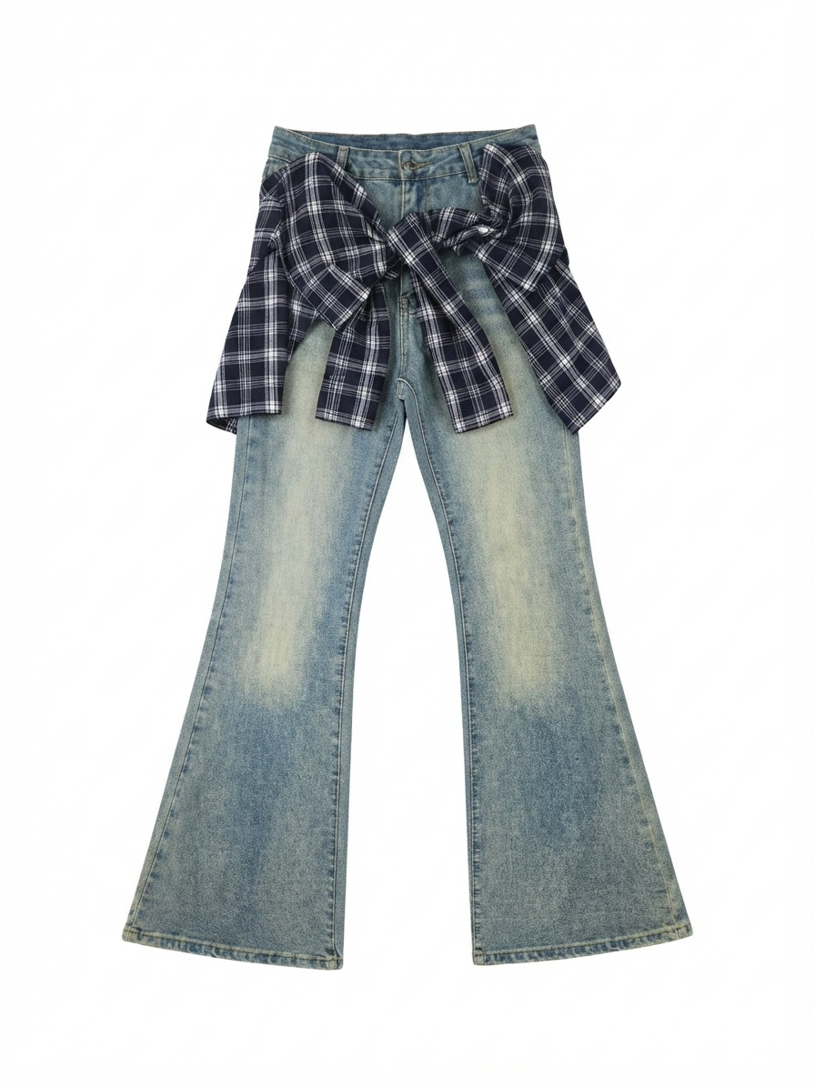 Flared Denim Jeans with Plaid Accent
