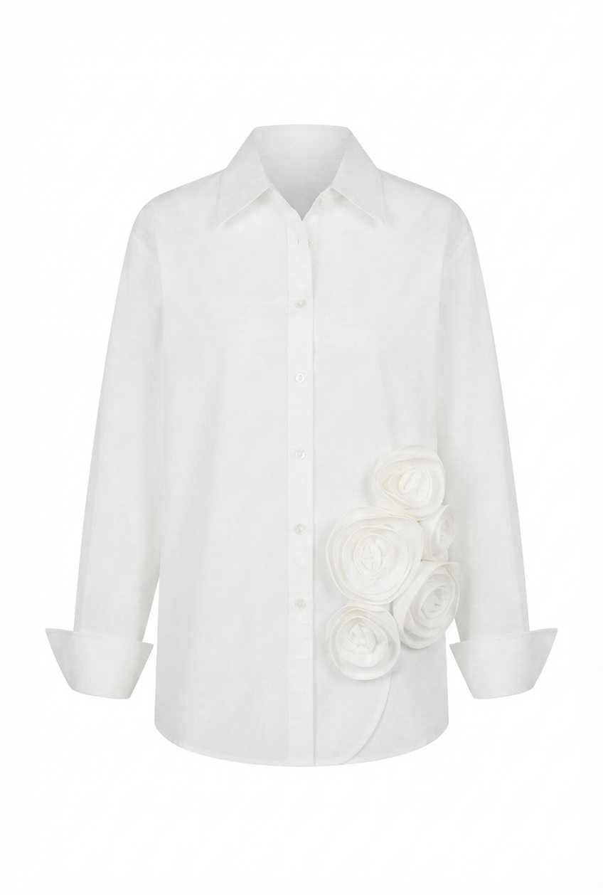 White Floral Embellished Button-Up Shirt