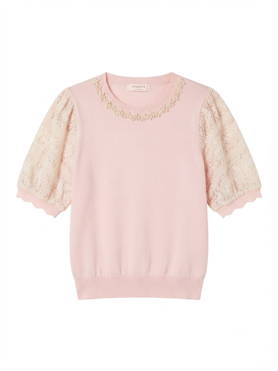 Pink Knit Top with Lace Sleeves