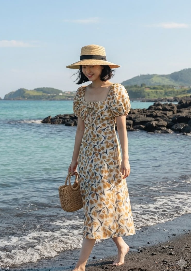 Floral Puff Sleeve Beach Dress