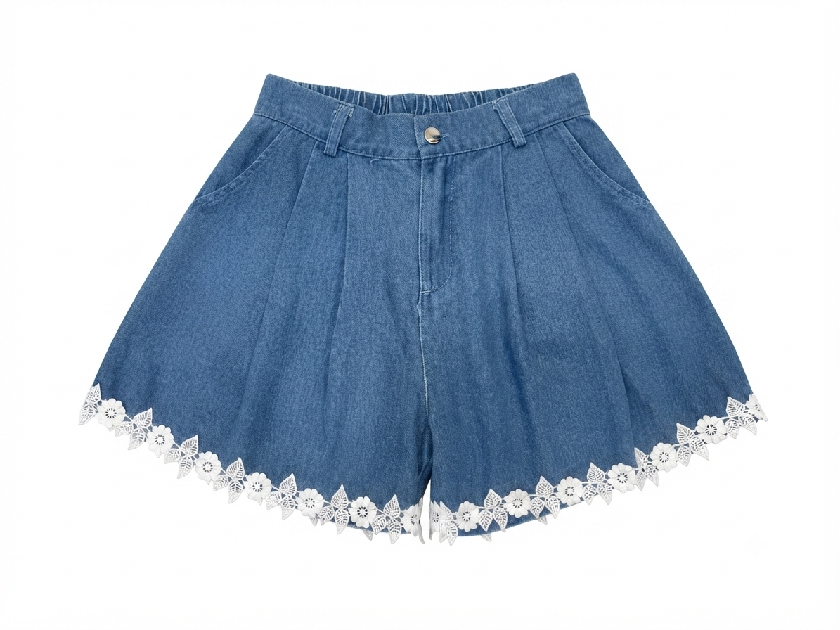 Denim Lace-Trim Shorts