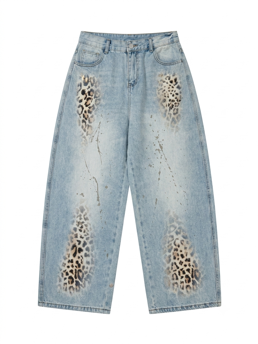 Leopard Patchwork Wide-Leg Jeans