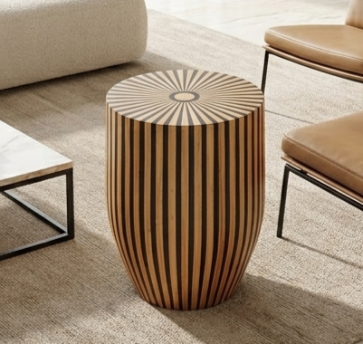 Handcrafted Sunburst Wooden Stools – Modern Artisan Home Decor Set