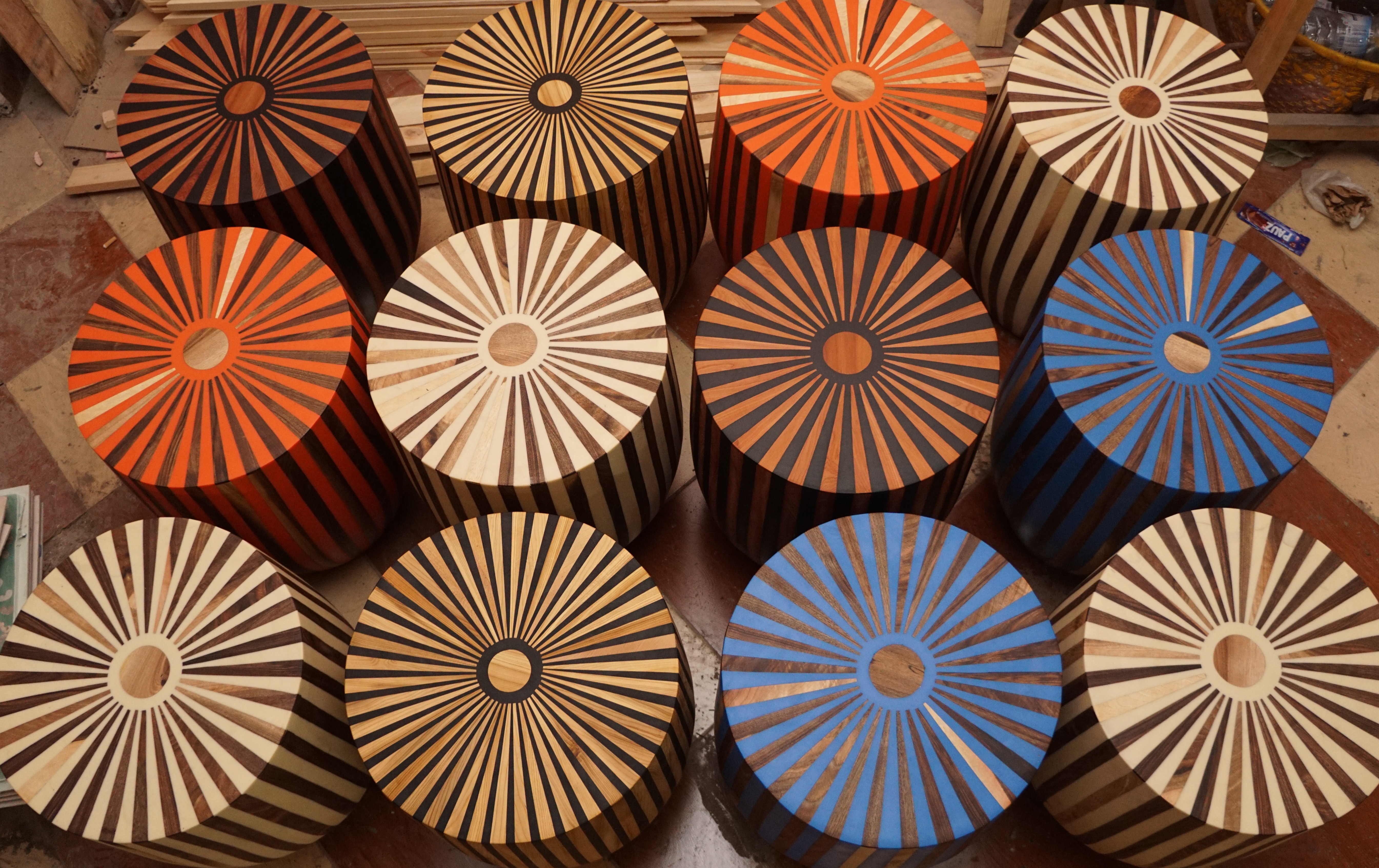 Handcrafted Sunburst Wooden Stools – Modern Artisan Home Decor Set