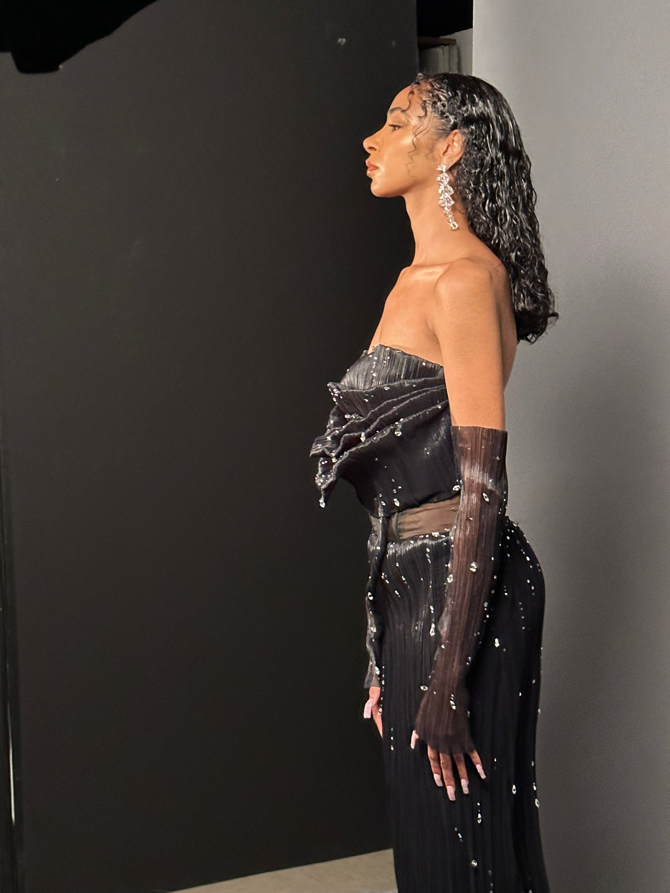 Rose draped Black Evening Gown