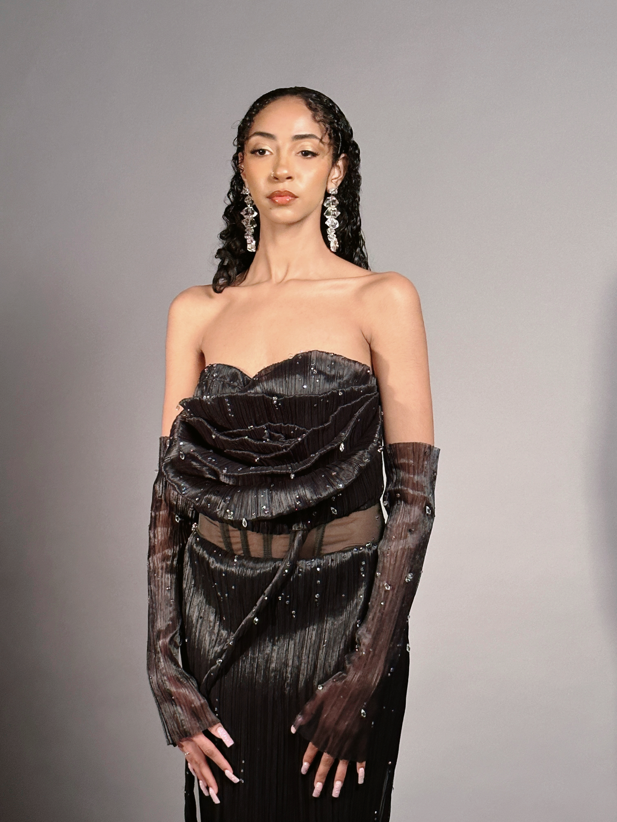 Rose draped Black Evening Gown