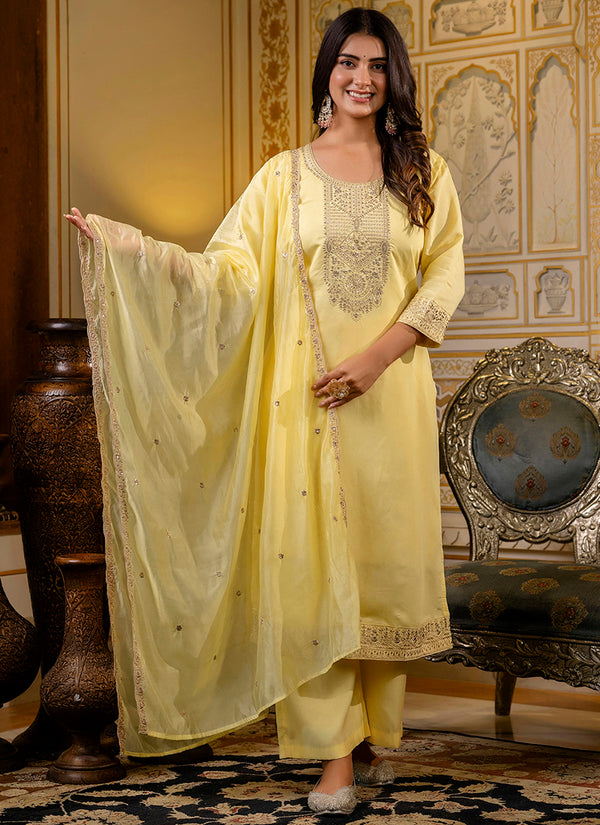 Pastel Yellow Embroidered Suit Set
