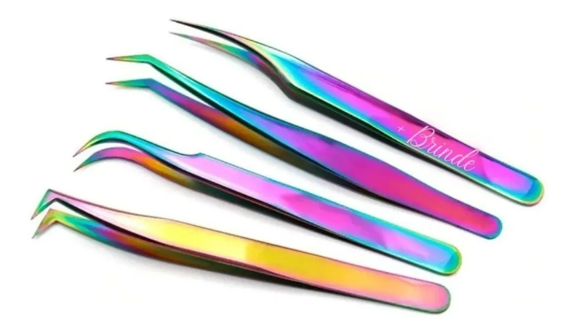 Kit 4 Pinças Extensão de Cílios Cherry Lash Multicor Alta Precisão