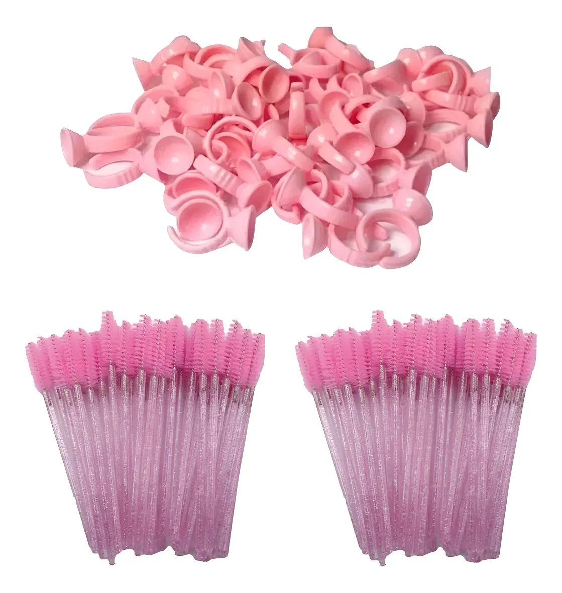 100 Escovinhas Cílios + 100 Anel Batoque Cola Henna Cor Rosa+12mm