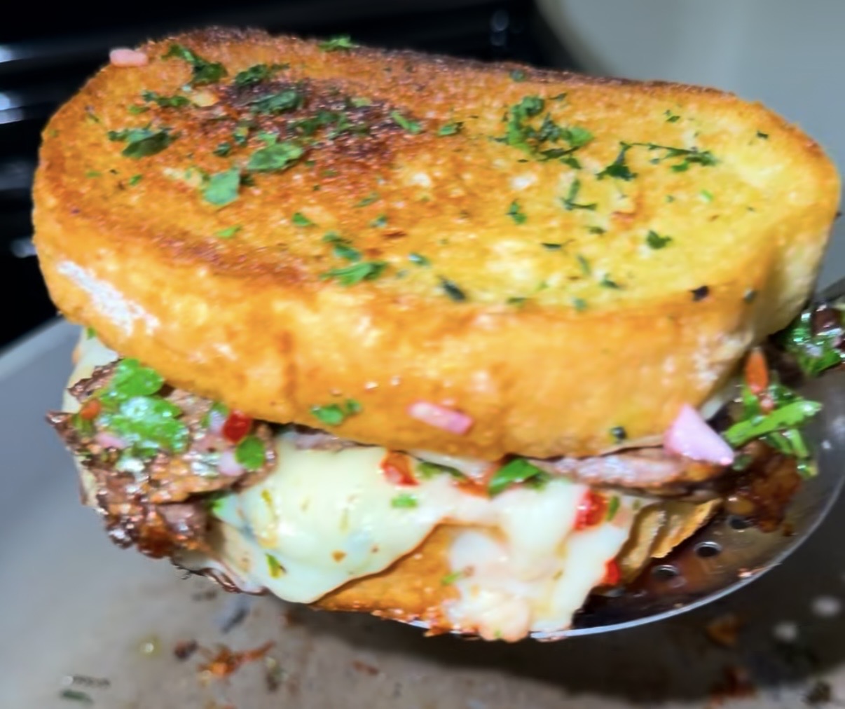 Gourmet steak, grilled cheese toast with chimichurri 