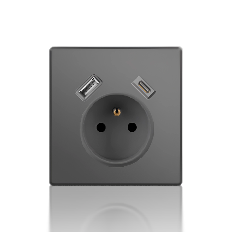 2P+E French socket mechanism with USB + Type C charging port