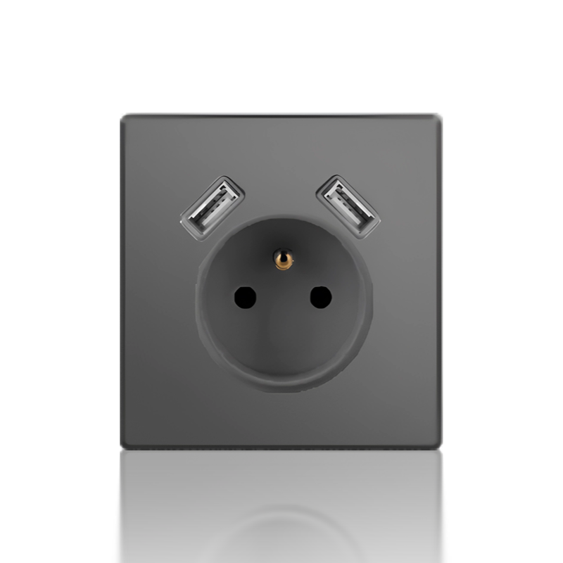 2P+E French socket mechanism with twin USB charging port