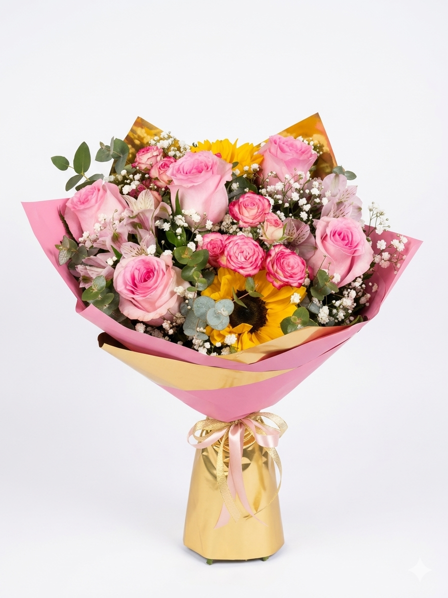 Mazzo di Rose rosse con girasoli