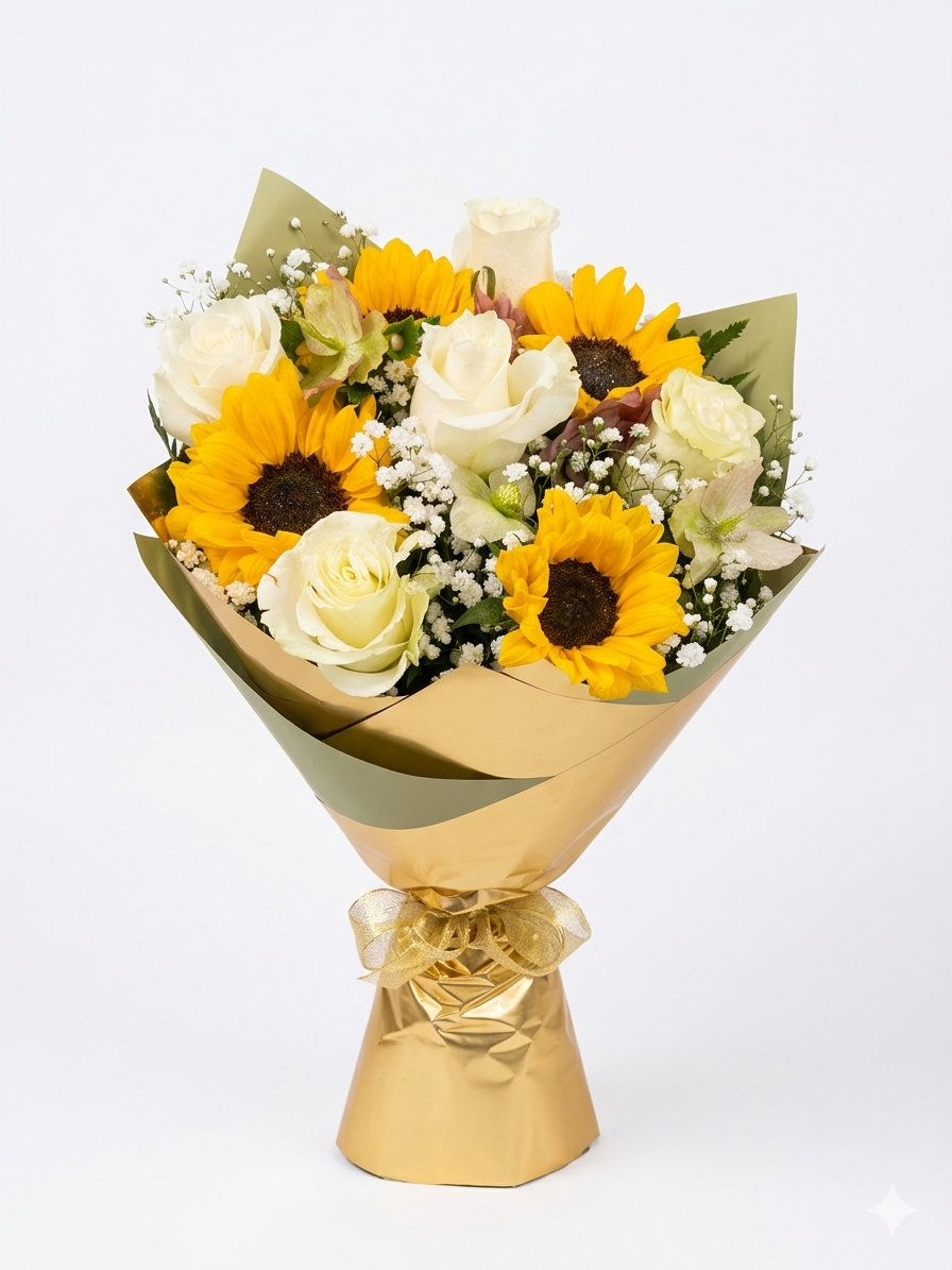 Bouquet di girasoli e rose bianche
