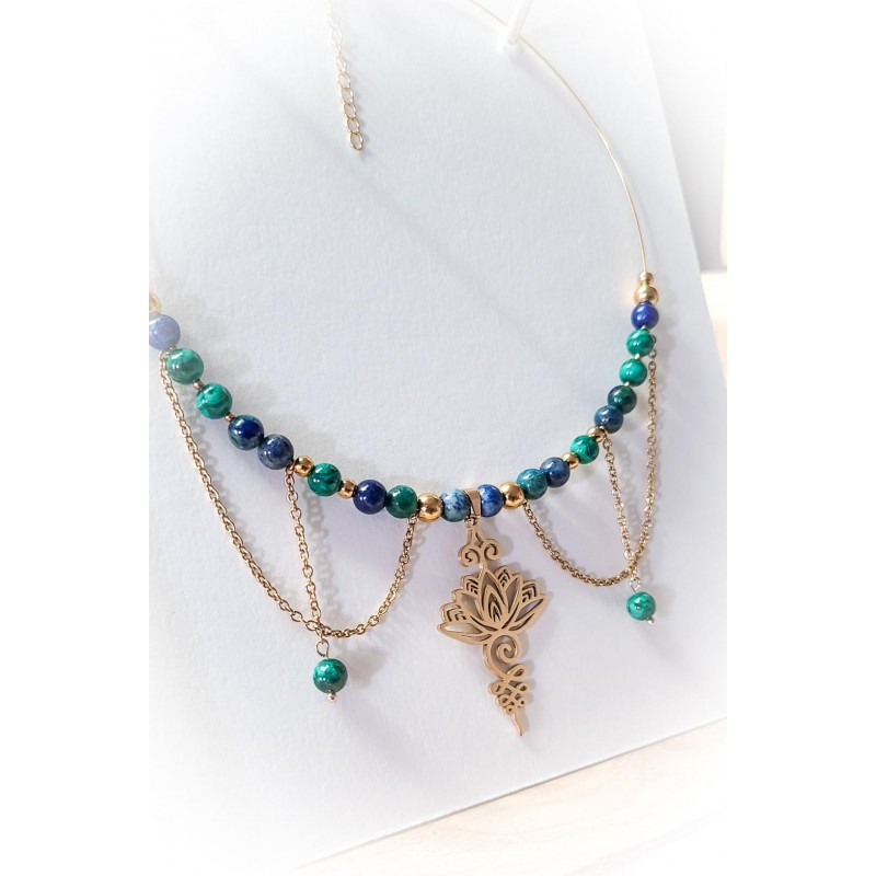 Collier déesse Lotus en chrysocolle et malachite