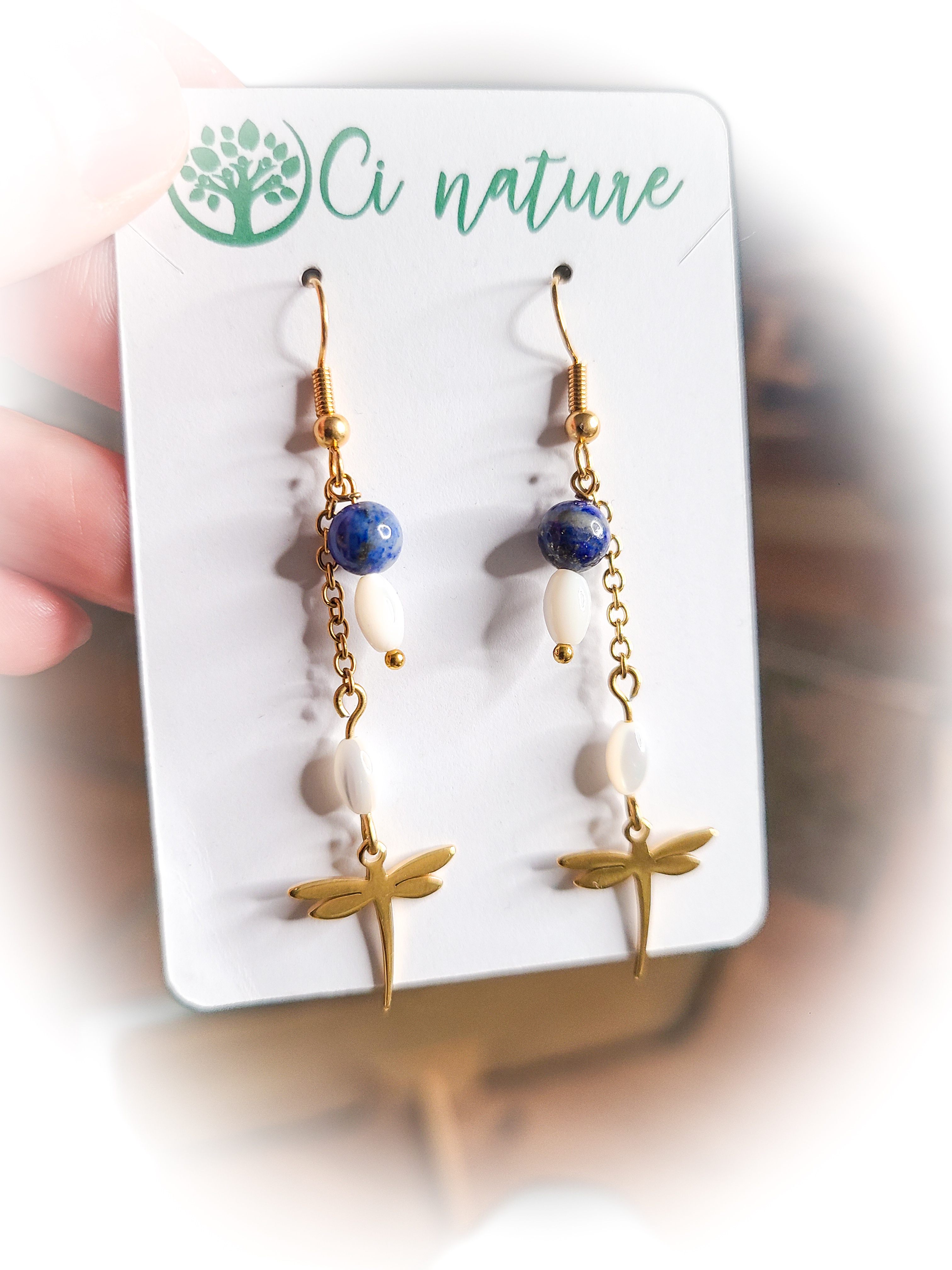 Boucles d’oreilles pendantes libellule en pierre naturelle