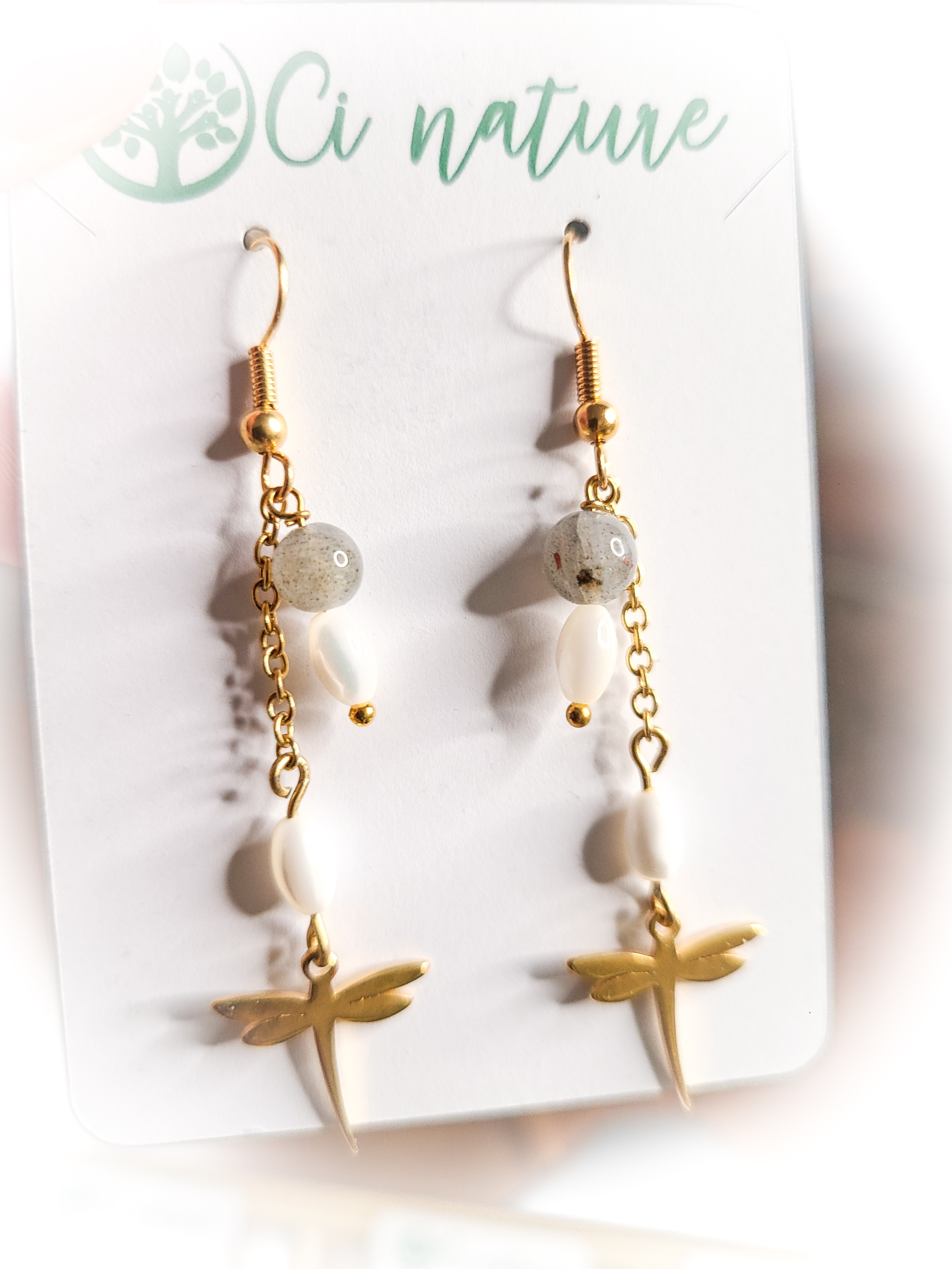 Boucles d’oreilles pendantes libellule en pierre naturelle