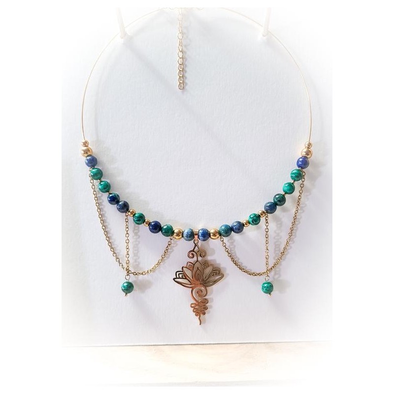 Collier déesse Lotus en chrysocolle et malachite