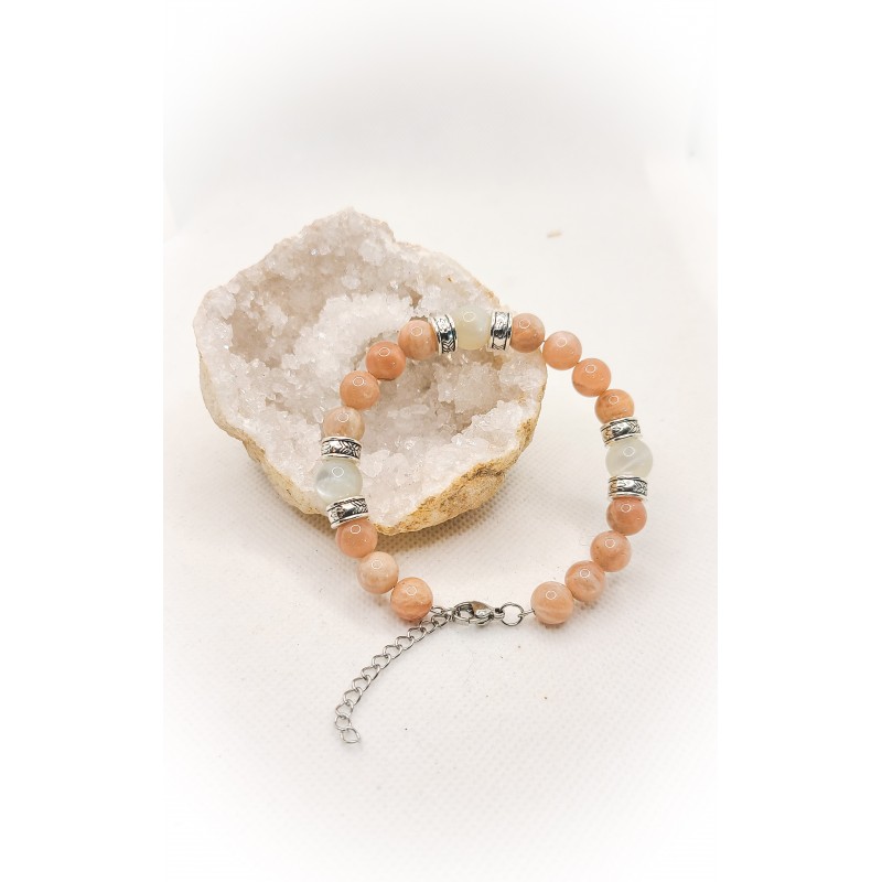 Bracelet jonc en pierre de lune blanche et pêche