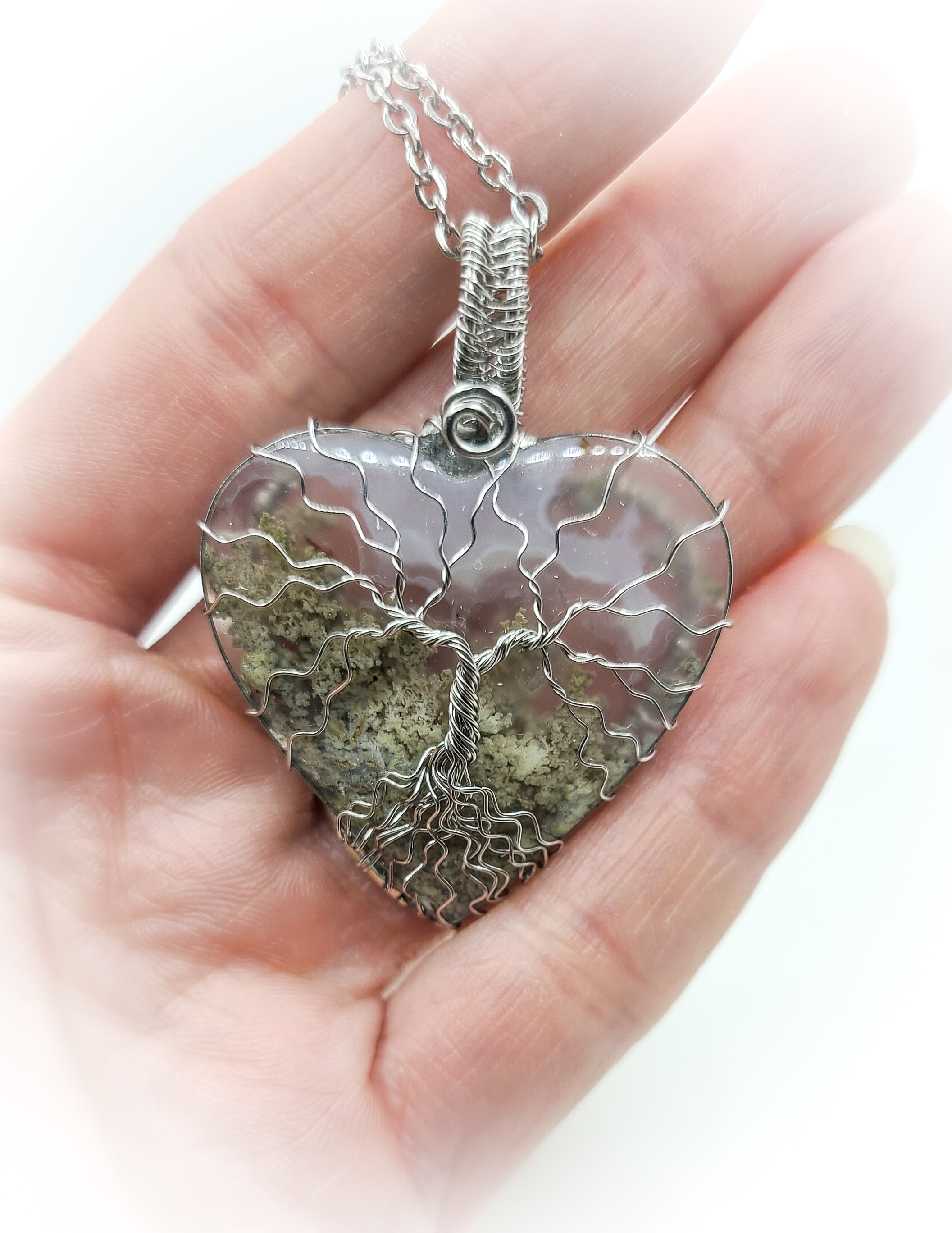 Pendentif argenté Arbre de vie en Agate mousse