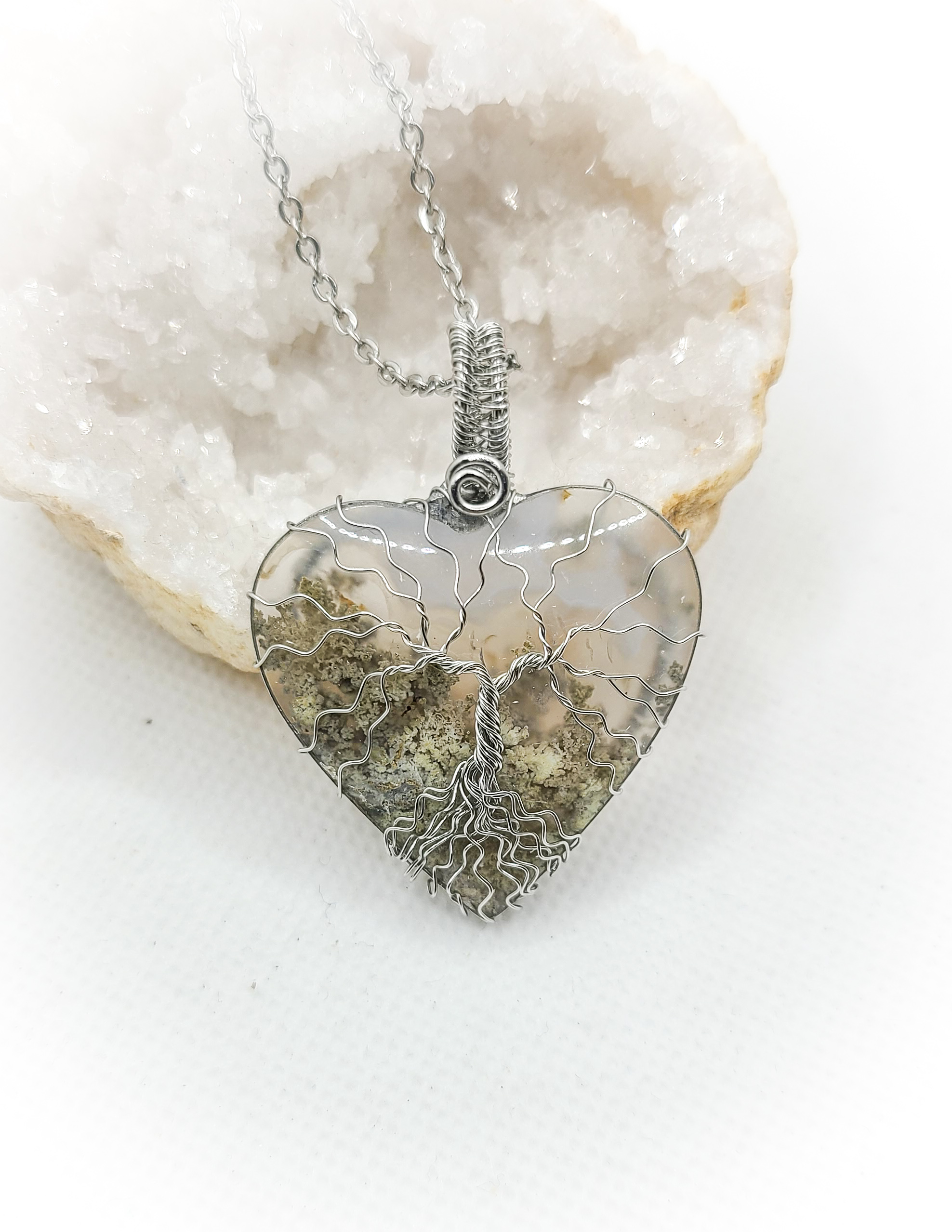 Pendentif argenté Arbre de vie en Agate mousse