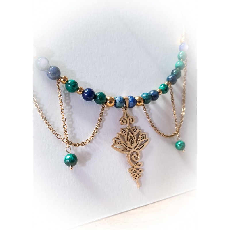 Collier déesse Lotus en chrysocolle et malachite