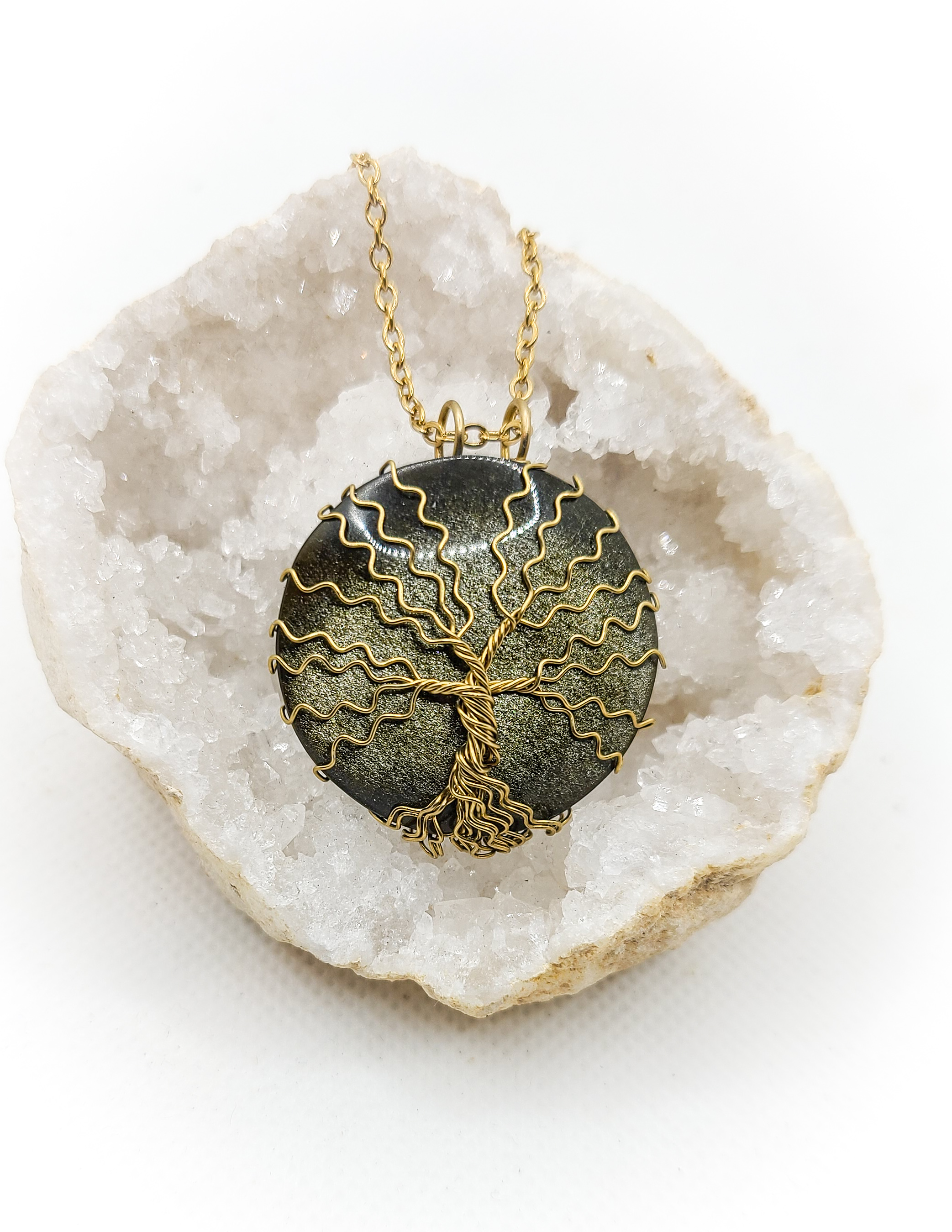 Pendentif arbre de vie en obsidienne dorée
