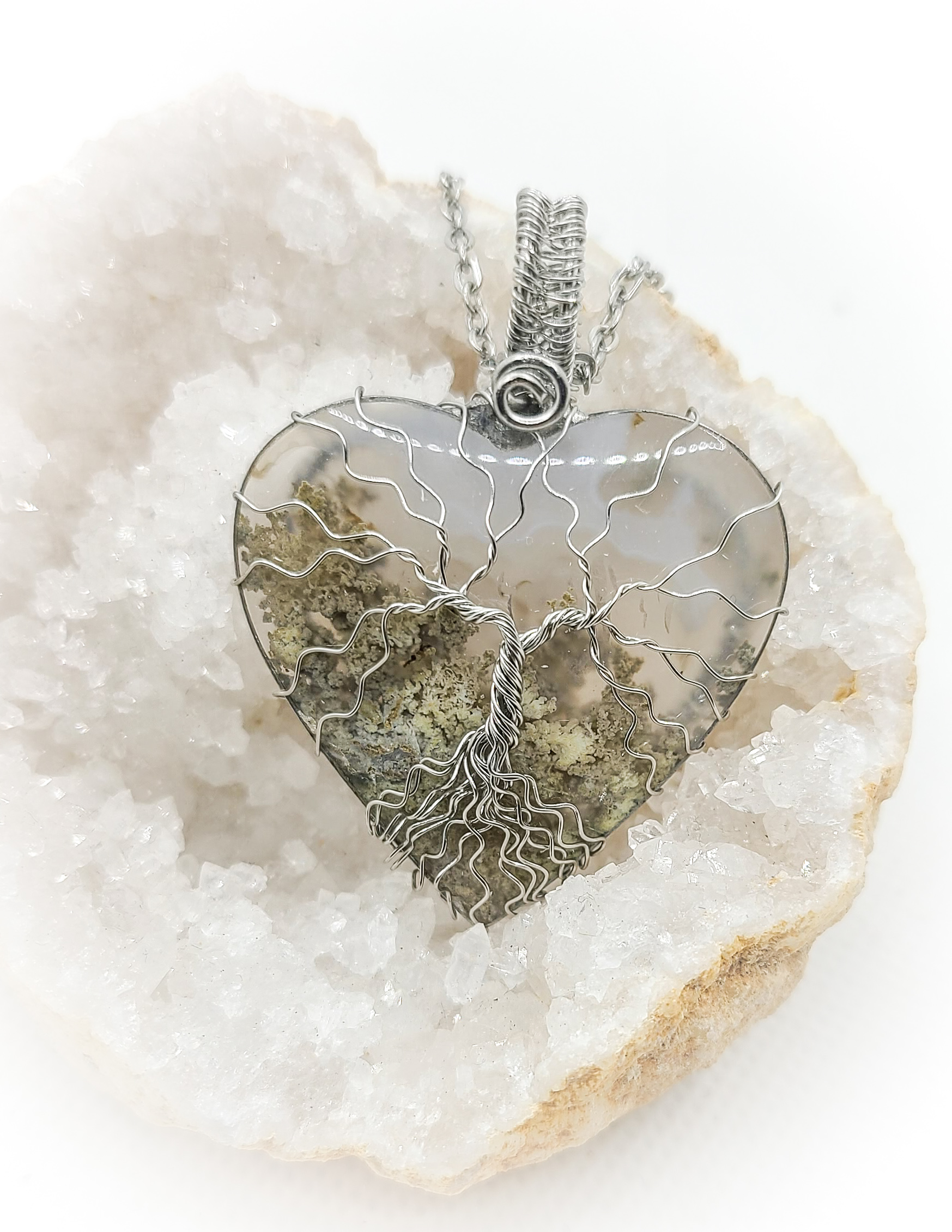 Pendentif argenté Arbre de vie en Agate mousse