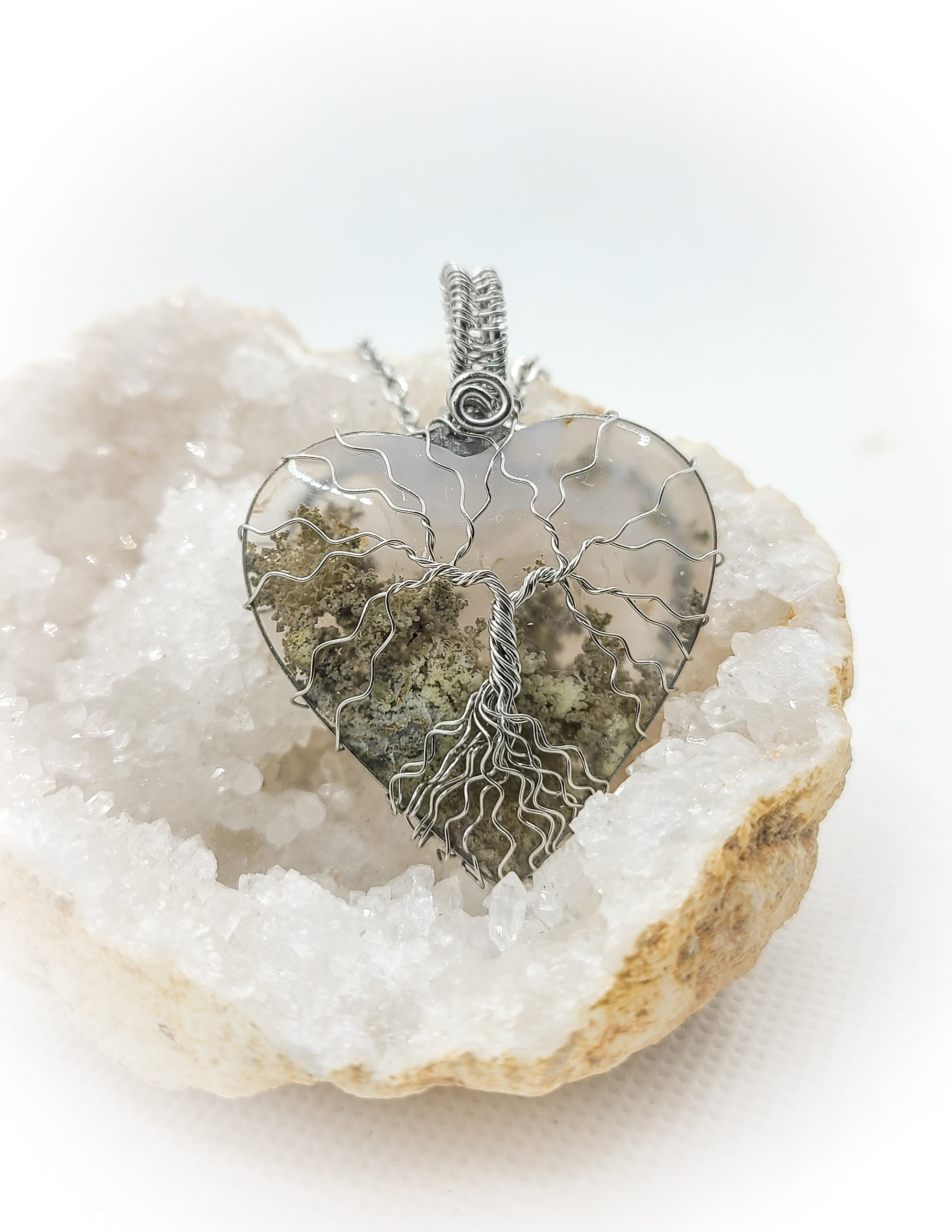Pendentif argenté Arbre de vie en Agate mousse
