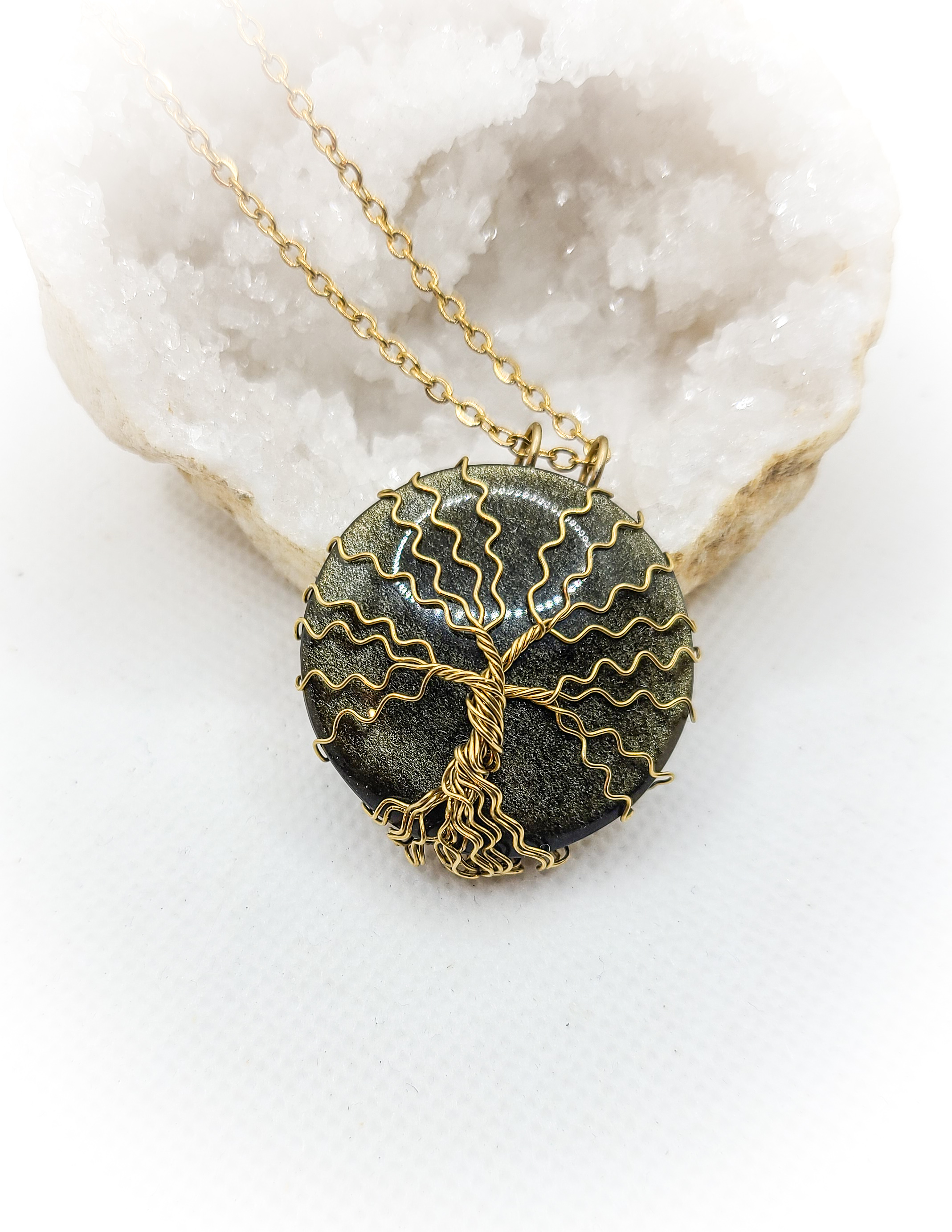 Pendentif arbre de vie en obsidienne dorée