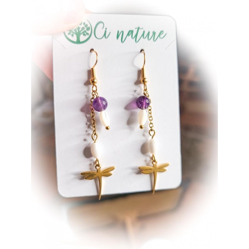 Boucles d’oreilles pendantes libellule en pierre naturelle