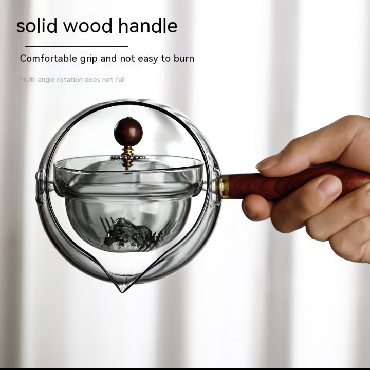 Semi-automatic Rotary Heat-resistant Glass Teapot Lazy Tea Making With Infuser And Wooden Handle Office Home Accessories Kitchen Gadgets