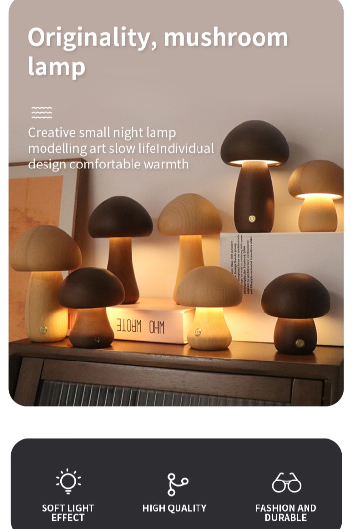 INS Wooden Cute Mushroom LED Night Light With Touch Switch  Bedside Table Lamp For Bedroom Childrens Room Sleeping Night Lamps Home Decor
