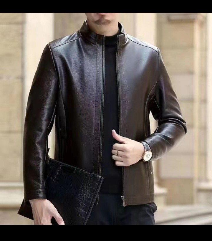 Leather Jacket For Middle-aged Men Leather Clothing With Stand Collar Men Fleece-lined