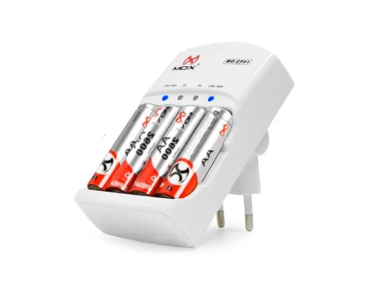 Kit 4 Pilhas Palito AAA Recarregáveis Premium com Carregador Rápido Bivolt - Mox