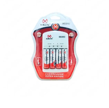 Kit 4 Pilhas Palito AAA Recarregáveis Premium com Carregador Rápido Bivolt - Mox