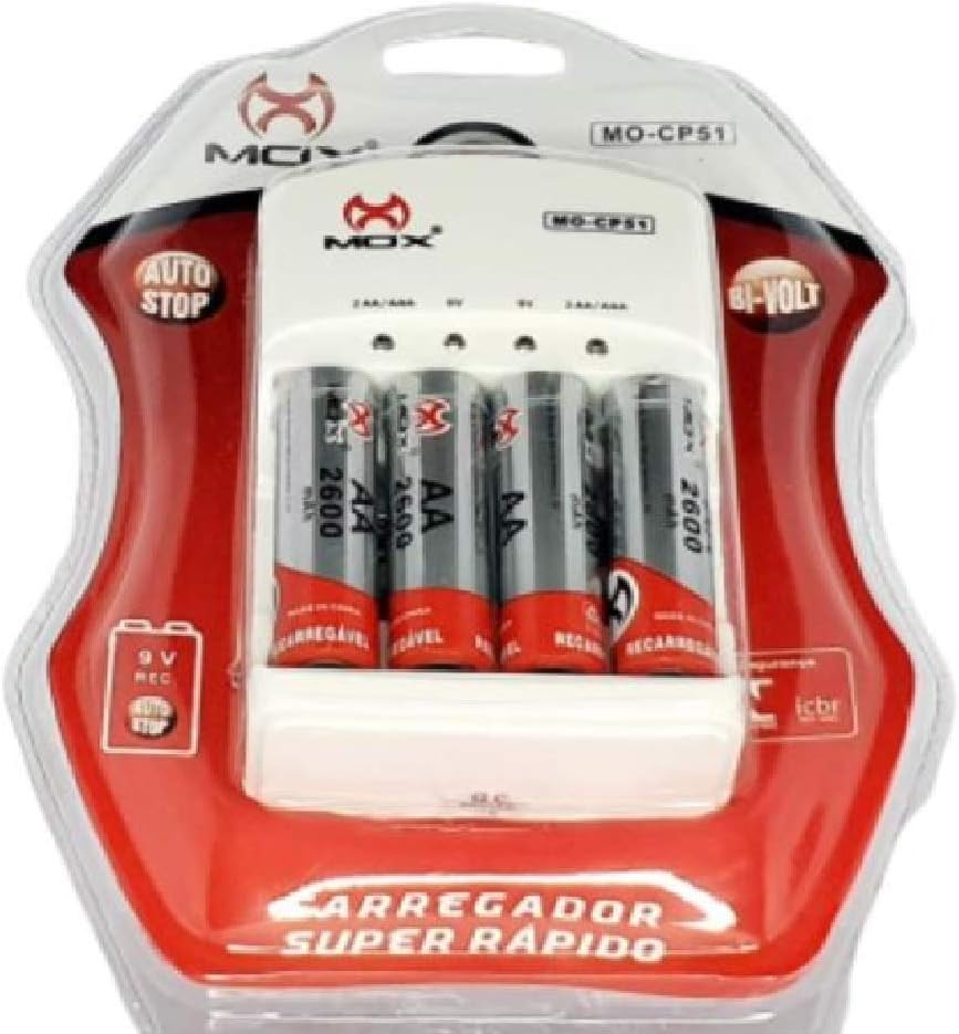 Kit 4 Pilhas Palito AAA Recarregáveis Premium com Carregador Rápido Bivolt - Mox