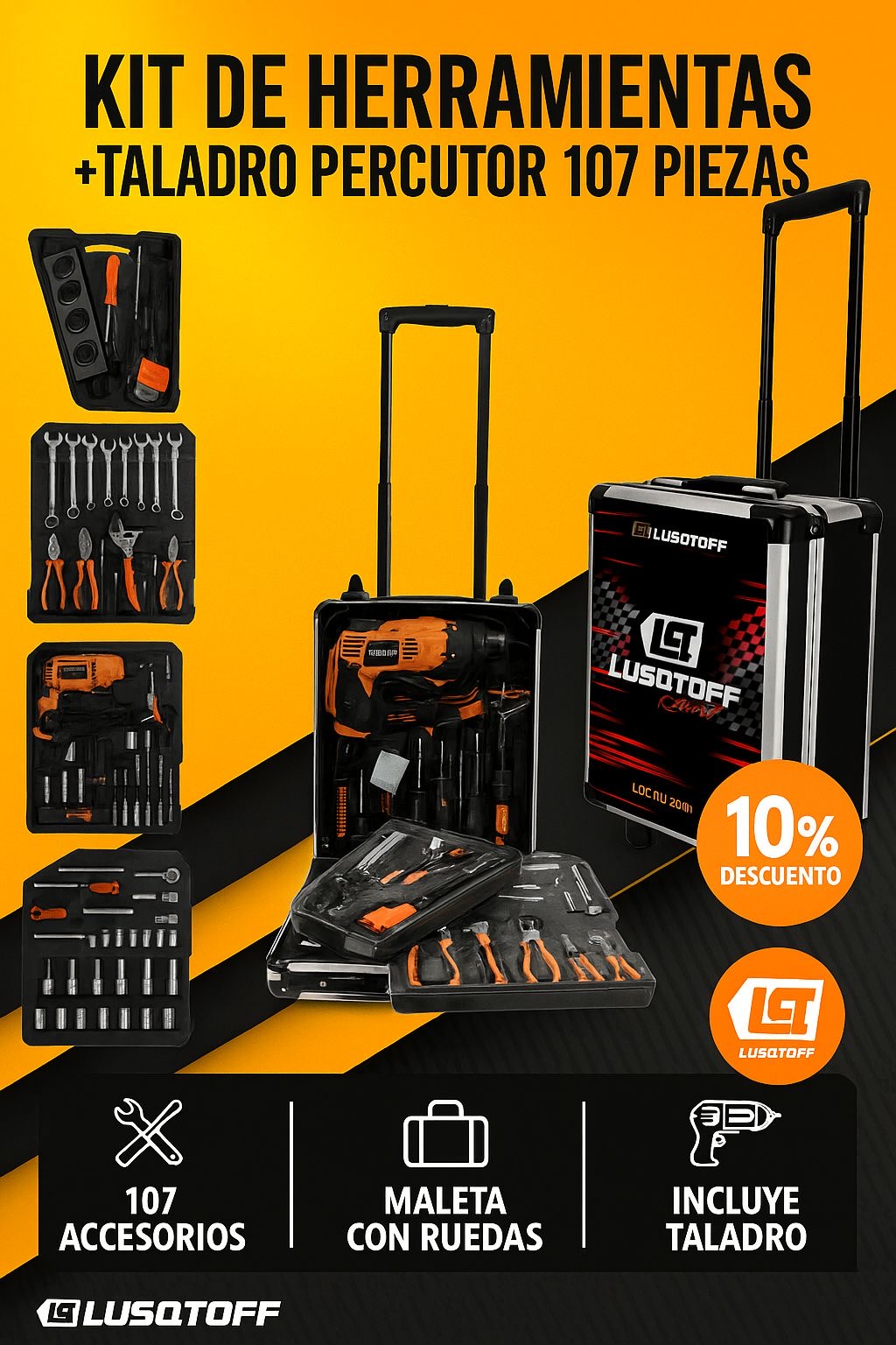 KIT DE HERRAMIENTAS taladro percutor 107 piezas