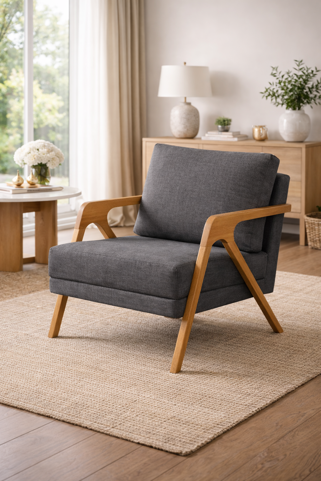 Poltrona Mona Luxo Madeira Maciça Tecido Linho Chumbo