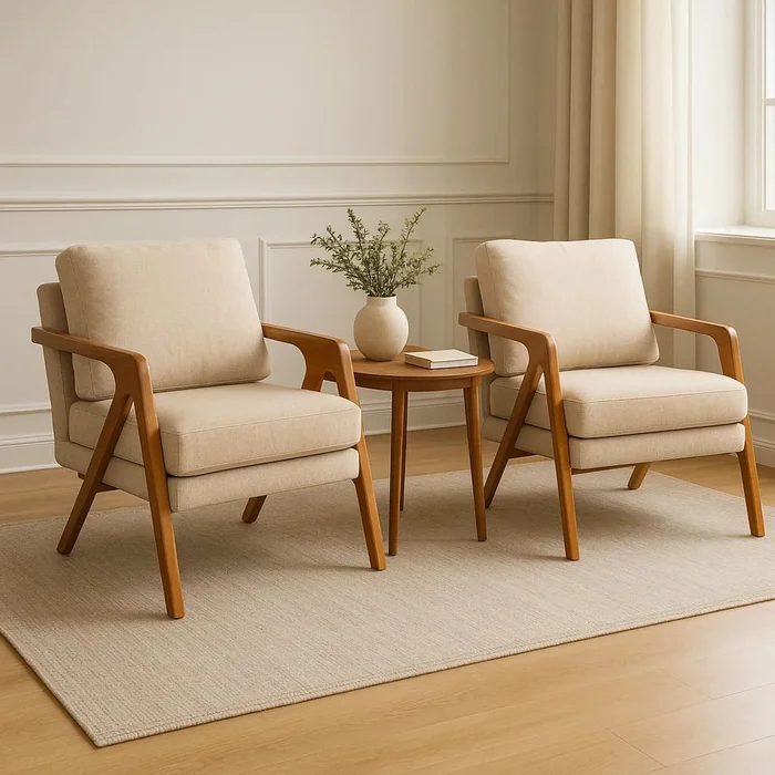 Kit 2 Poltronas Decorativa Mona Luxo Linho Bege Claro e Base Madeira Maciça 