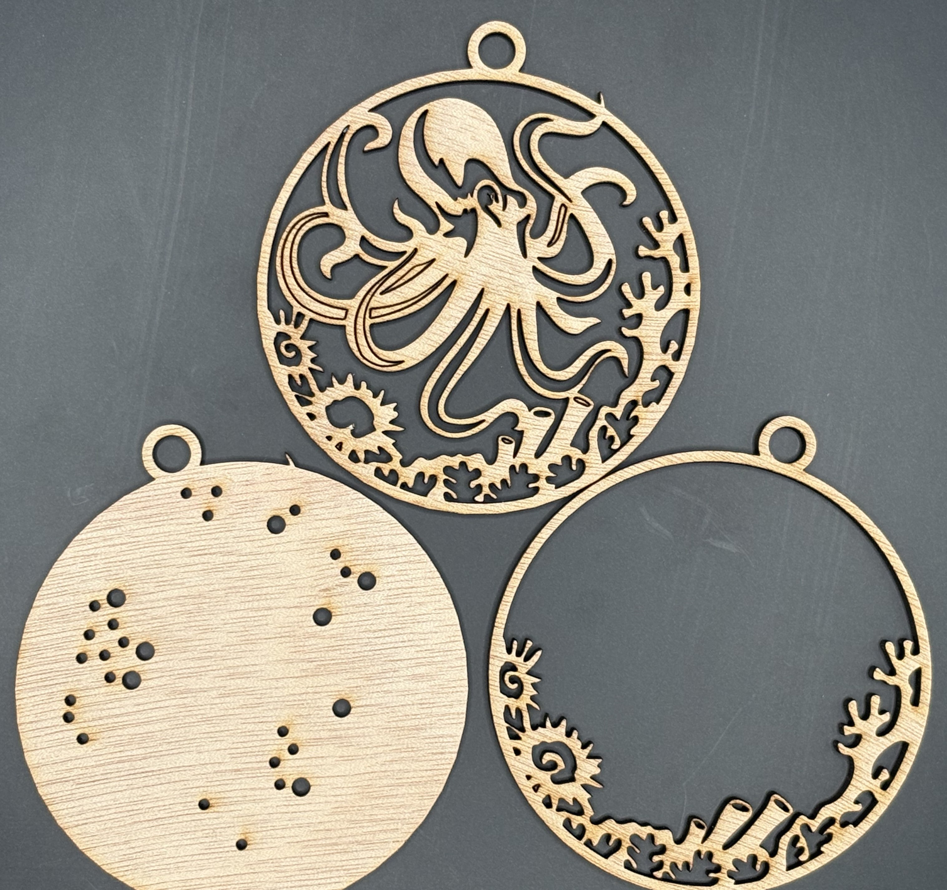 Seaside series - Octopus Ornament (3D, 3-piece laser cut wood)
