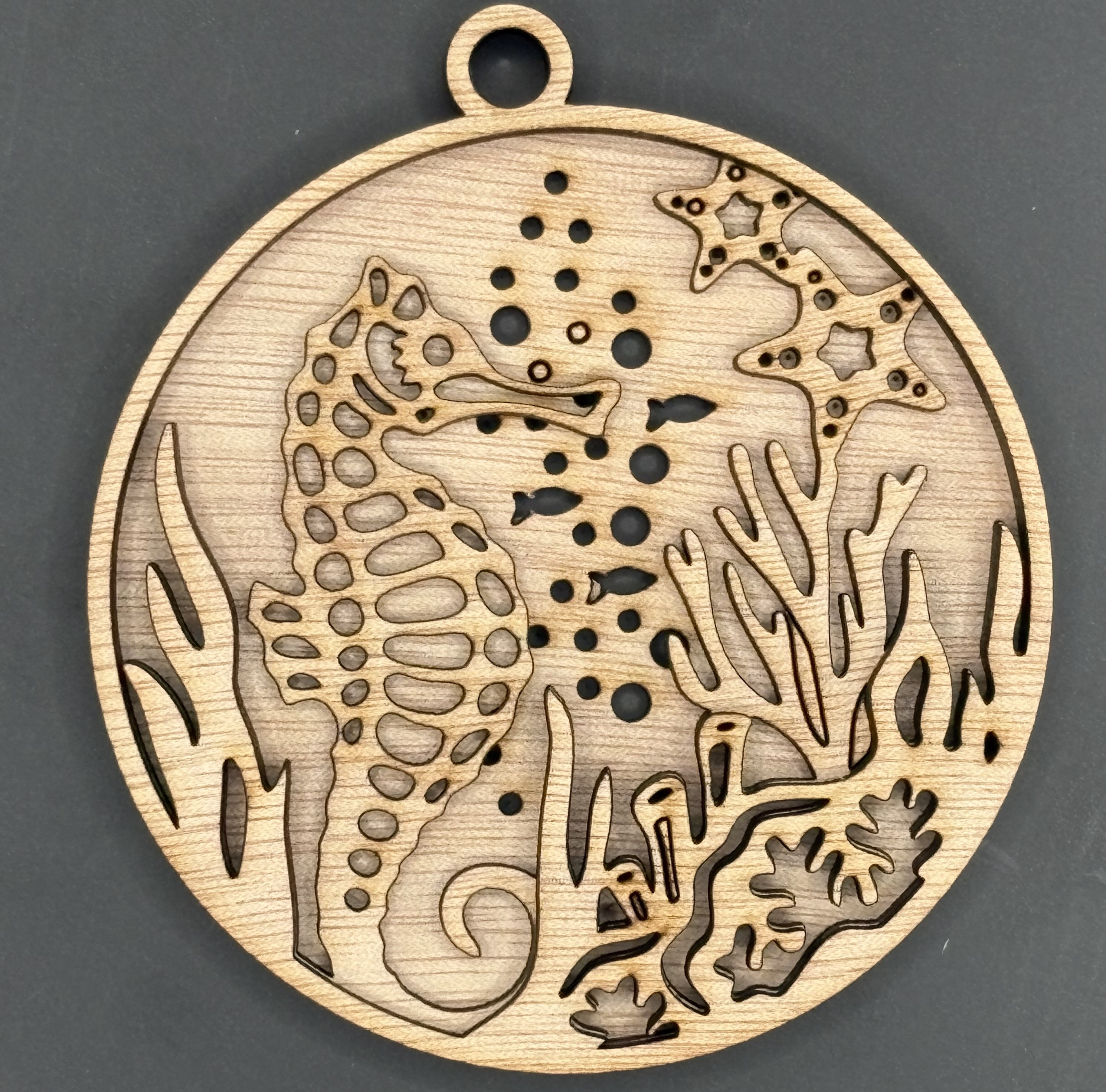 Seaside series - Seahorse Ornament (3D, 3-piece laser cut wood) Style 1