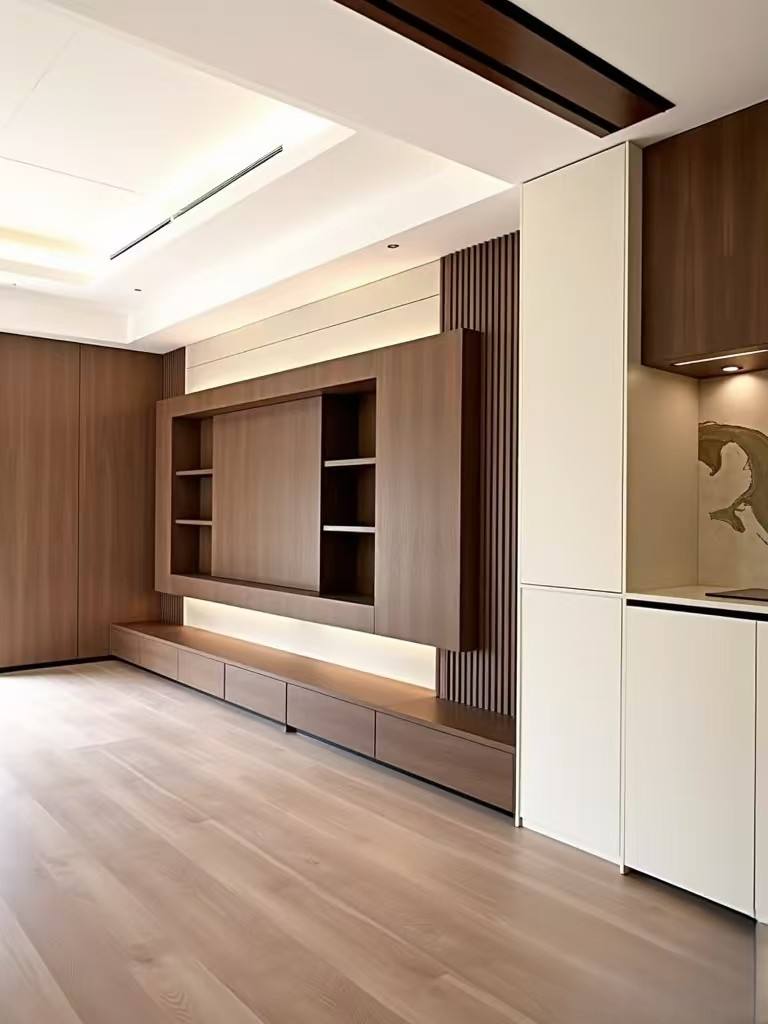 Mobile porta TV moderno in legno, multifunzionale, con vani contenitori.