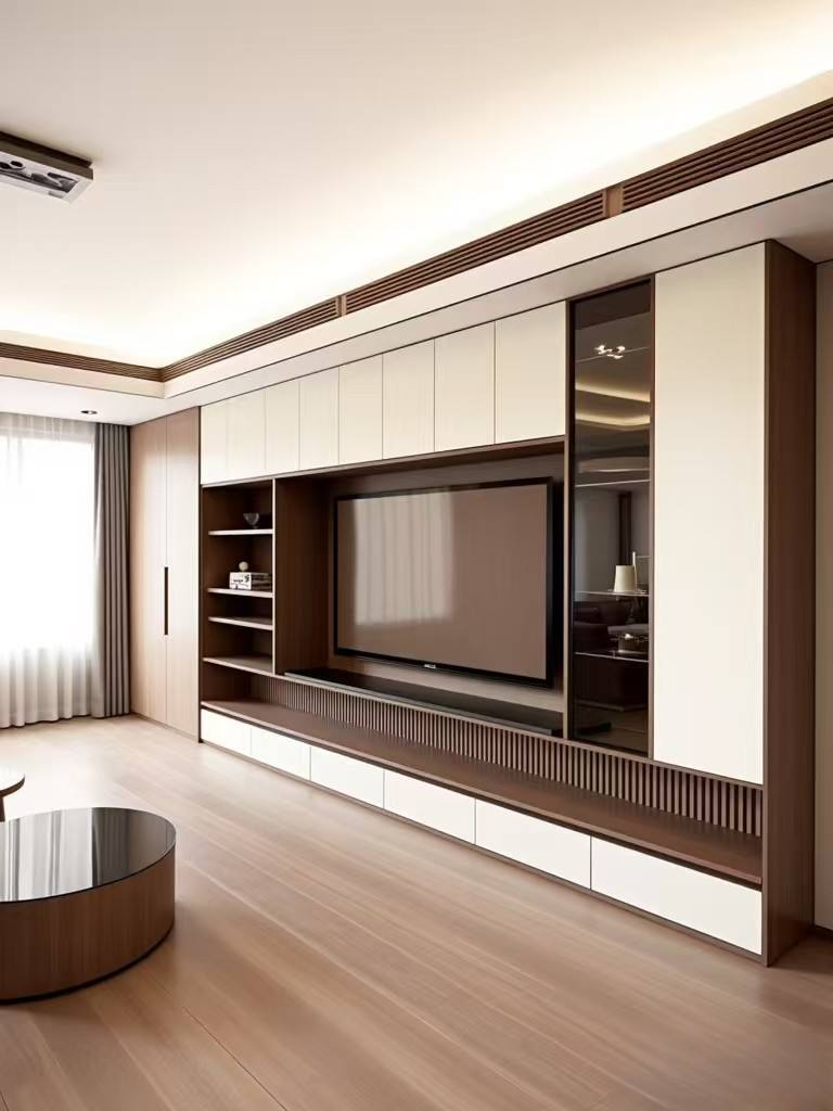 Mobile porta TV moderno in legno, multifunzionale, con vani contenitori.