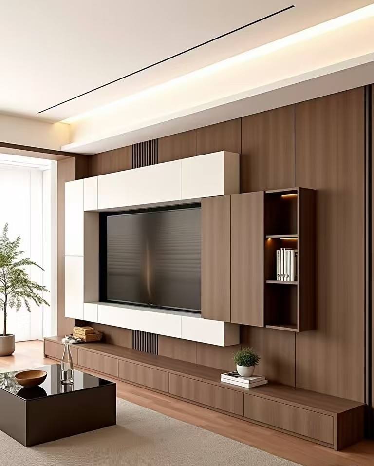 Mobile porta TV moderno in legno, multifunzionale, con vani contenitori.